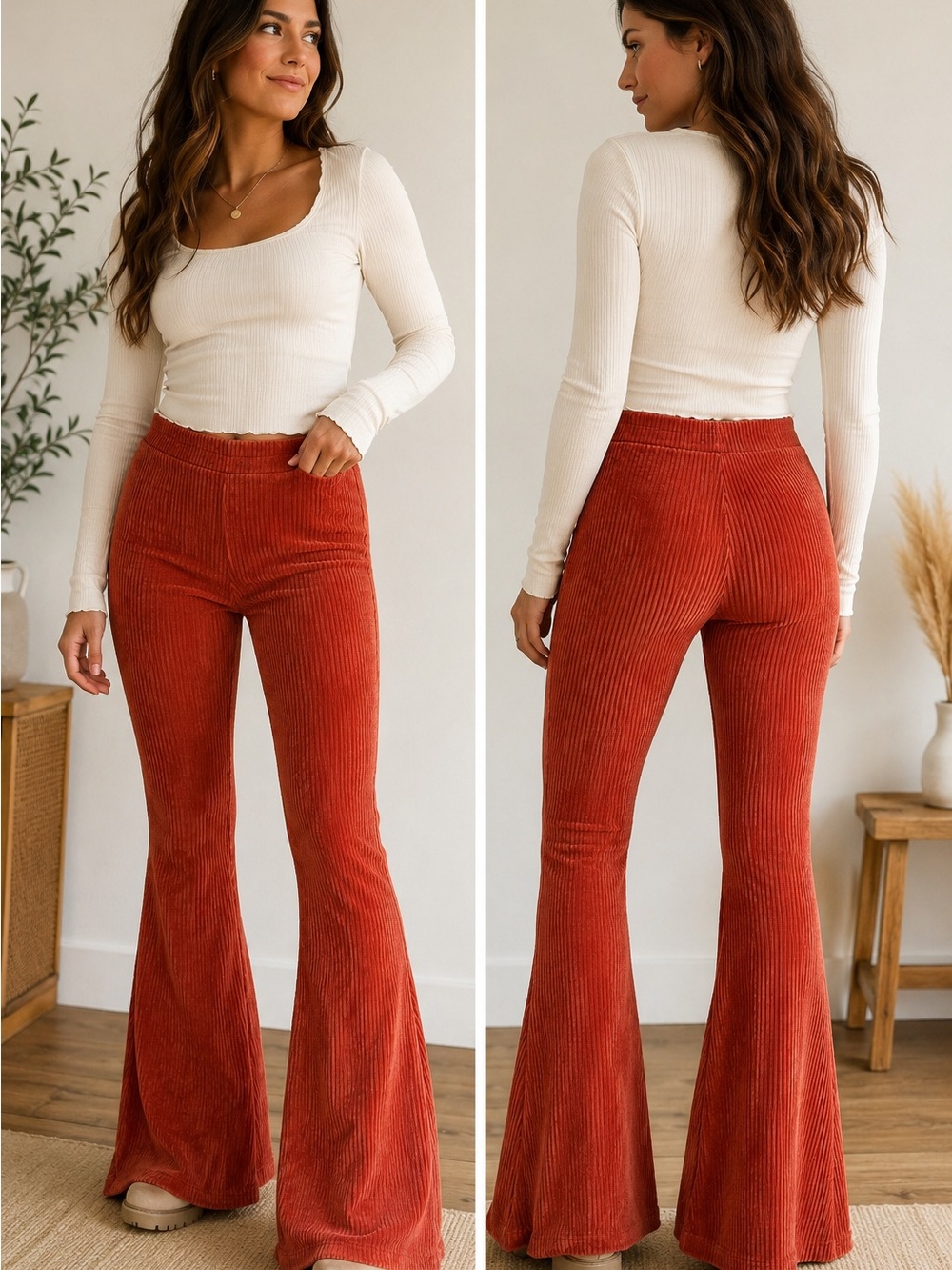Aerie Ribbed Corduroy Flare Pants Women’s Small Rust Orange Pull-On Stretch Boho